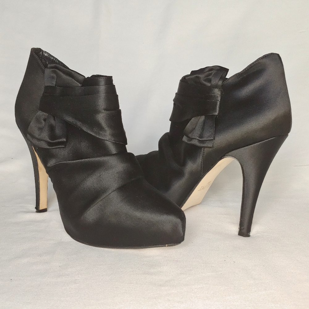Glint Black Satin Booties with Bow